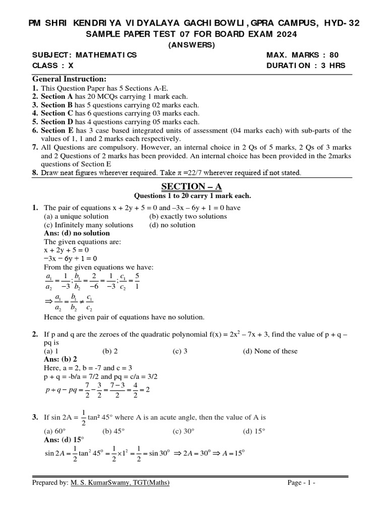 Maths Class X Sample Paper Test 07 For Board Exam 2024 Answers | PDF ...