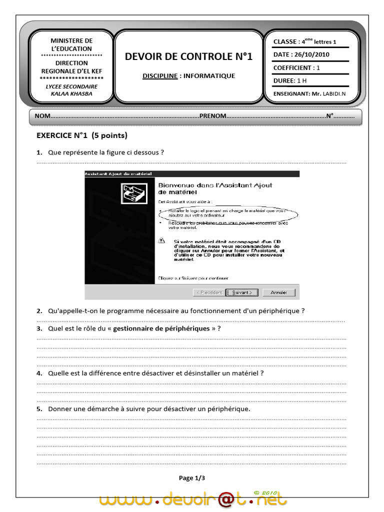 Devoir de Contrôle N°1 - Informatique - Bac Lettres (2010-2011) MR ...