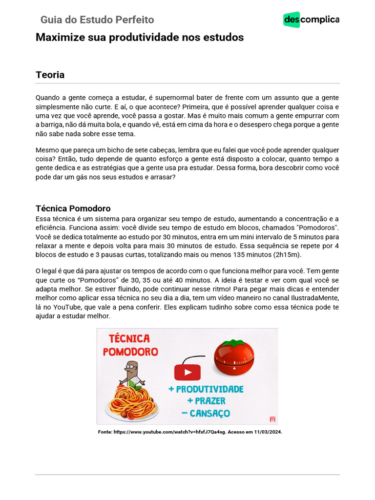 Dicas para Estudo Eficiente e Produtivo | PDF | Tempo | Aprendizado