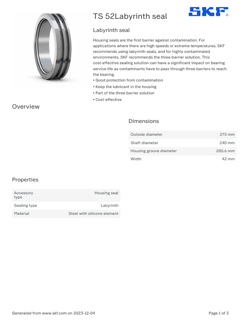 SKF TS 52labyrinth Seal Specification Download Free PDF License