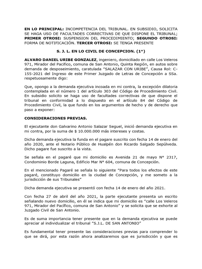 Incompetencia del Tribunal en Demanda Civil | PDF | Jurisdicción | Juez