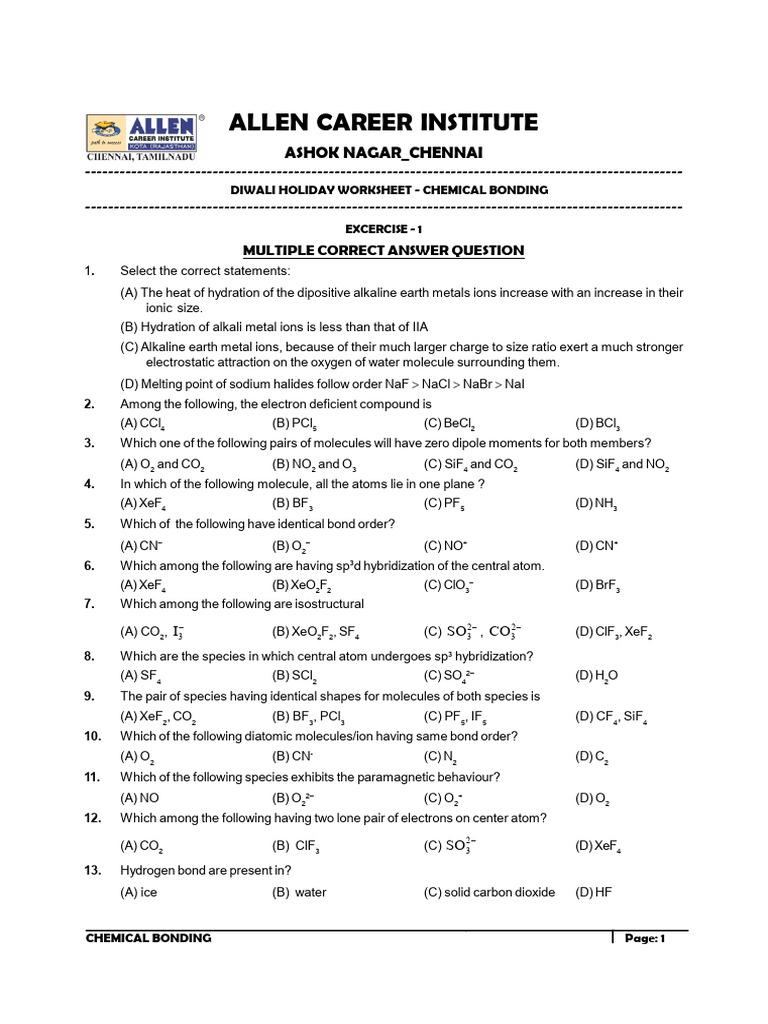 Neet Nurture Chemistry Diwali Holidays Worksheet | PDF | Chemical Bond ...