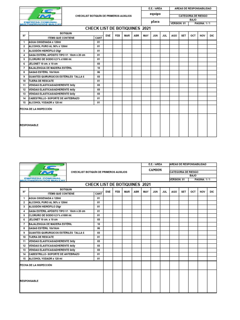 Checklist Botiquín Primeros Auxilios | PDF | Primeros auxilios ...