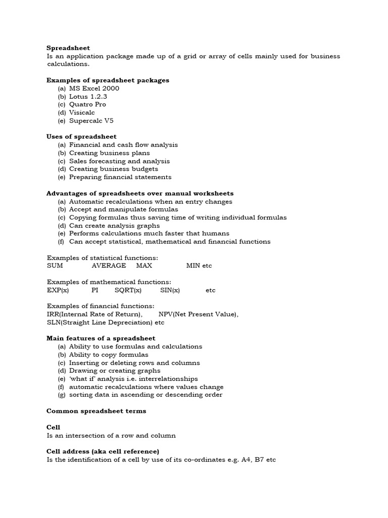 Excel Spreadsheet Notes Pdf