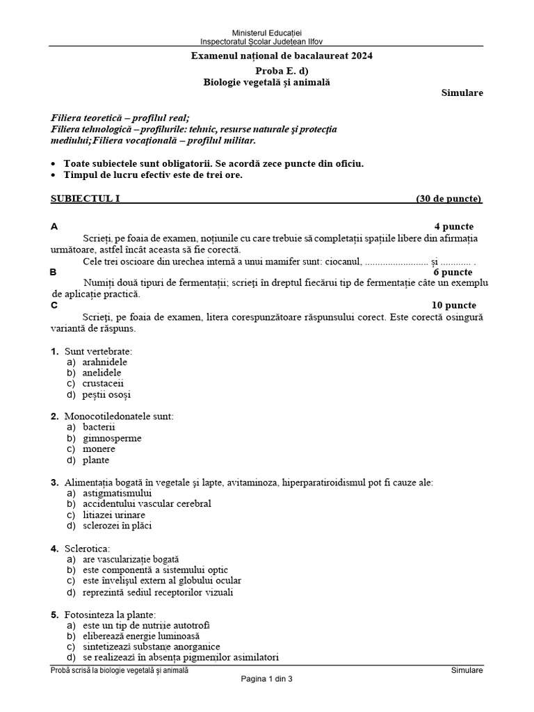 Simulare BAC 2024 ILFOV Subiecte BIOLOGIE Din Noiembrie2023 | PDF