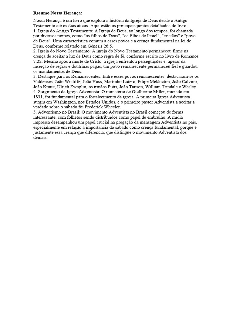 Resumo do Livro Nossa Herança | PDF