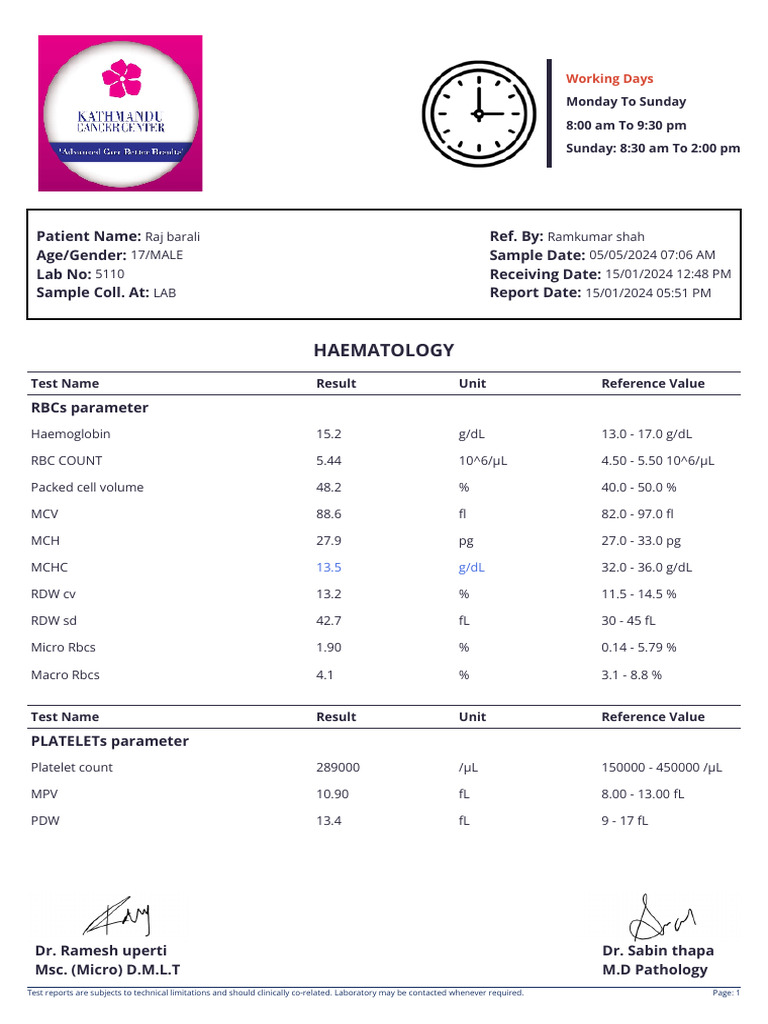 Haematology: Patient Name: Age/Gender: Lab No: Sample Coll. At: Ref. By ...