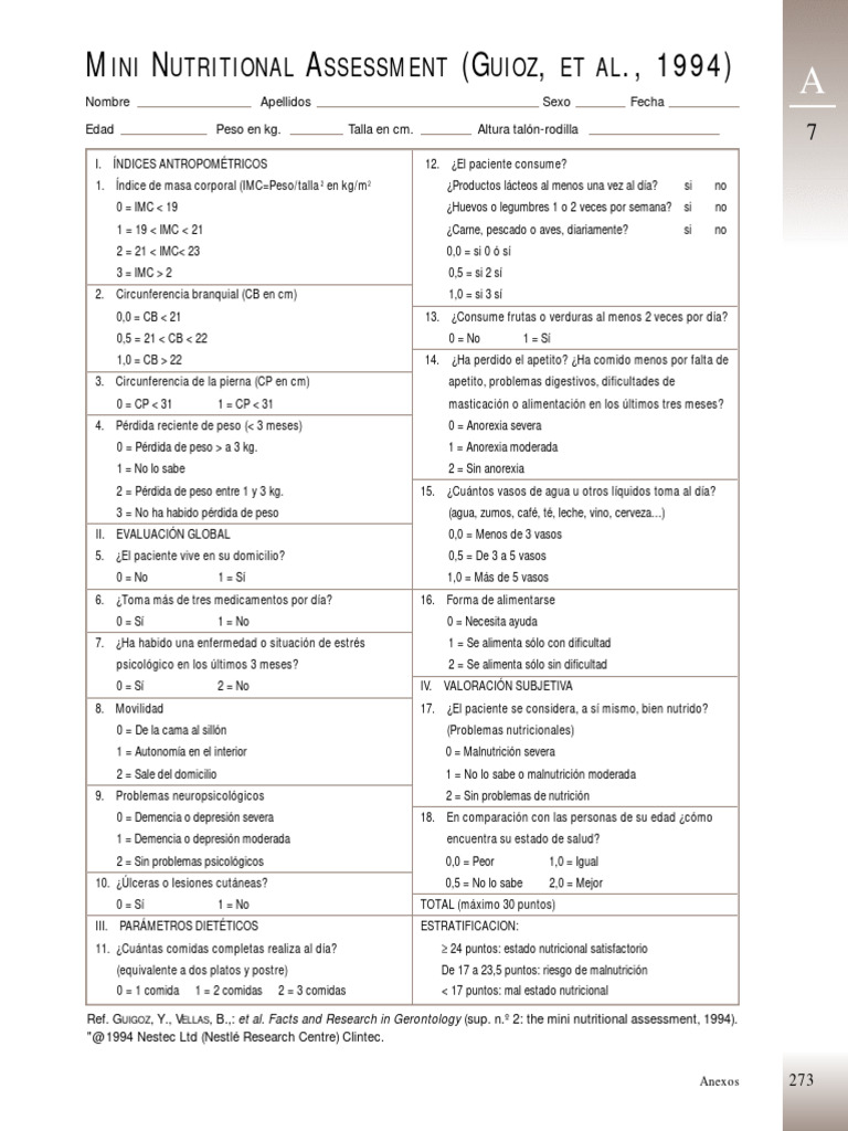 Escala de Nutrición Geriátrica MNA | PDF | Pérdida de peso | Medicina ...