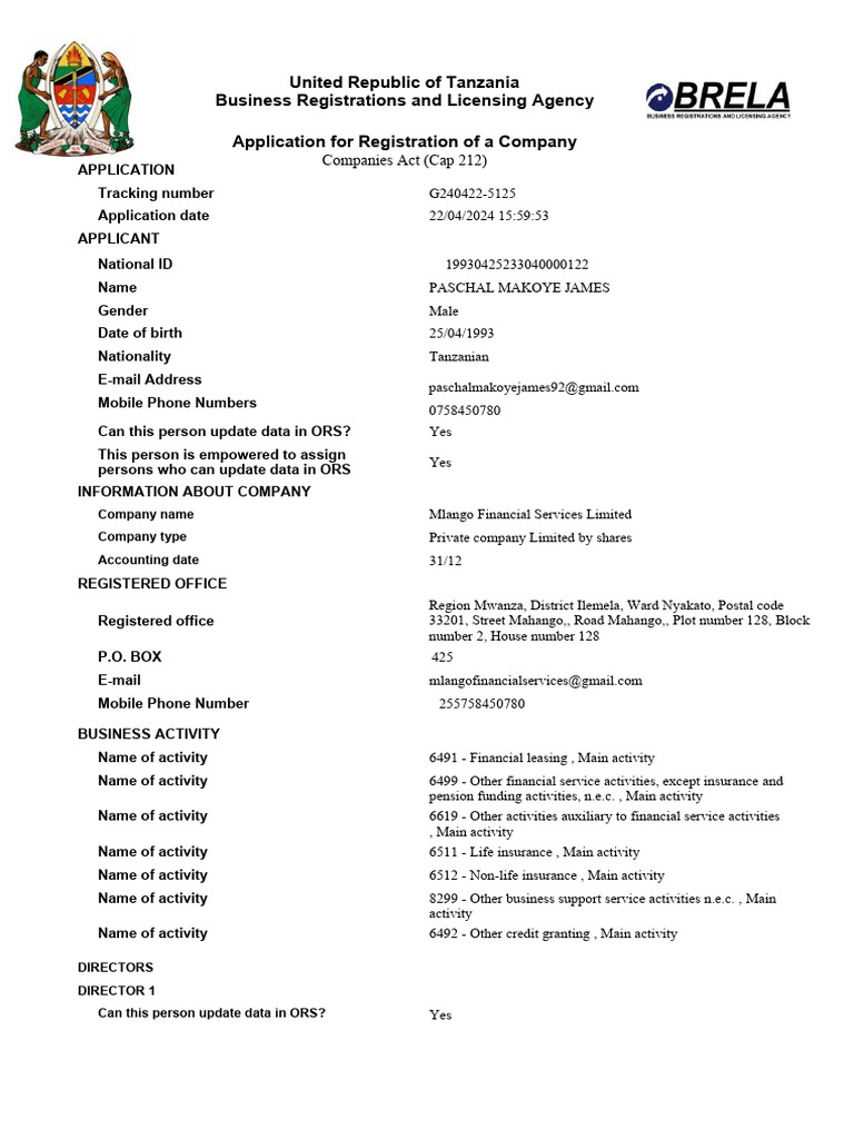 United Republic of Tanzania Business Registrations and Licensing Agency ...