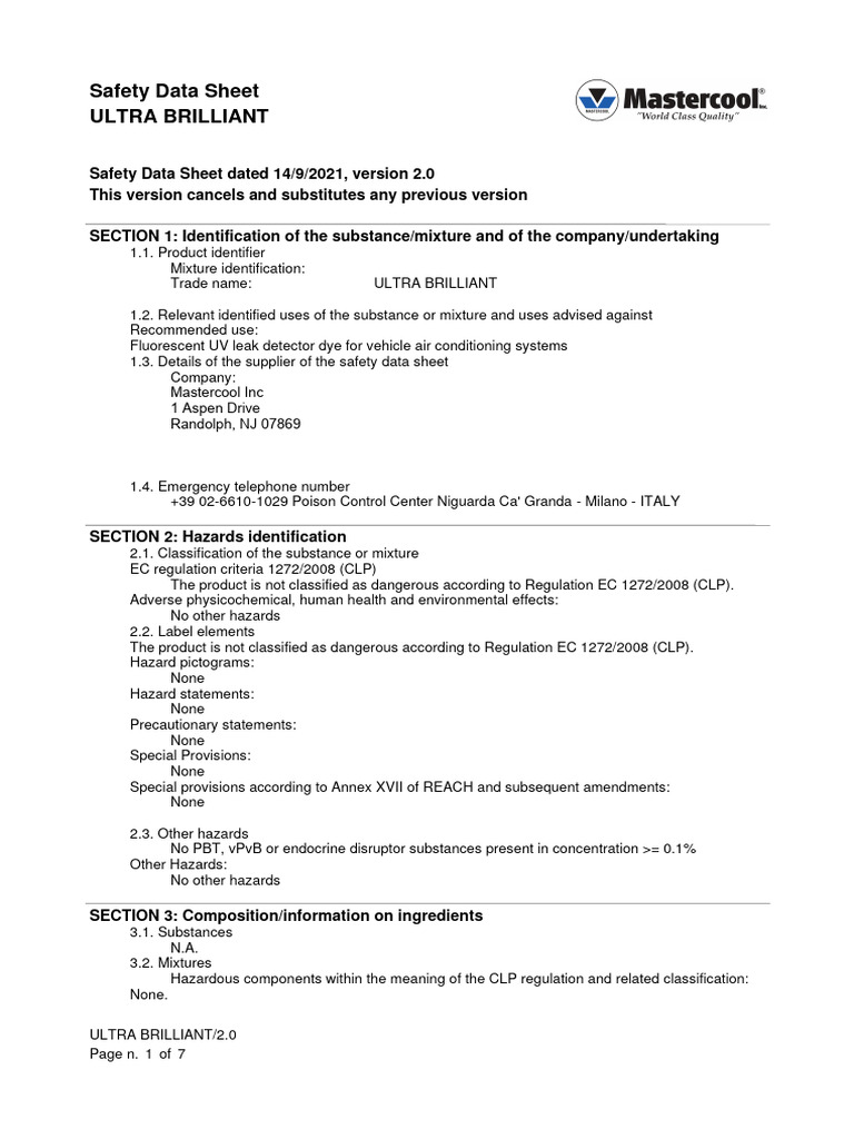 Ultra Brilliant Safety Data Sheet | PDF | Dangerous Goods | Chemistry