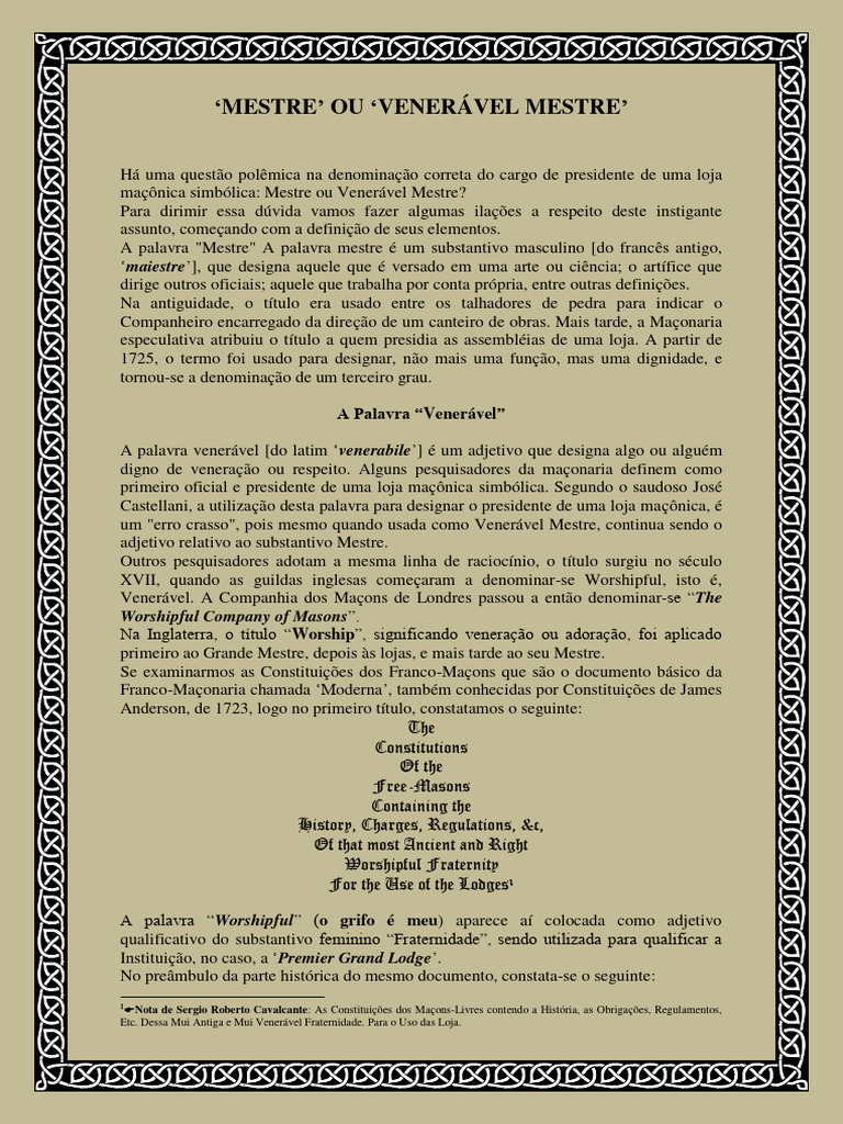 Mestre Ou Venerável Mestre | PDF | Loja Maçônica | Maçonaria