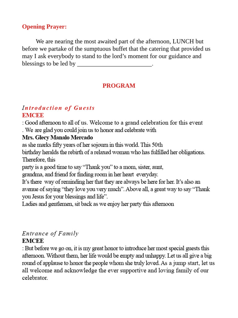 50th Birthday Celebration Program | PDF | Birthdays