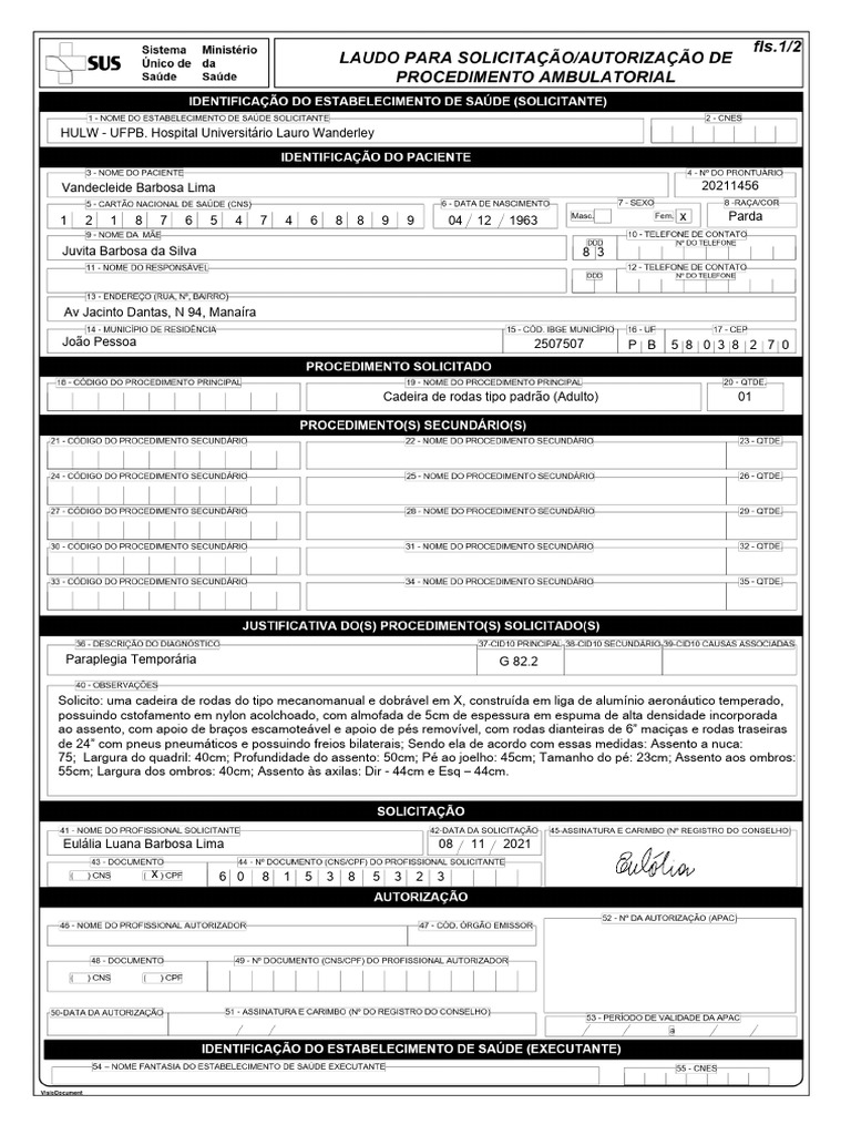 Solicitação de Cadeira de Rodas UFPB | PDF
