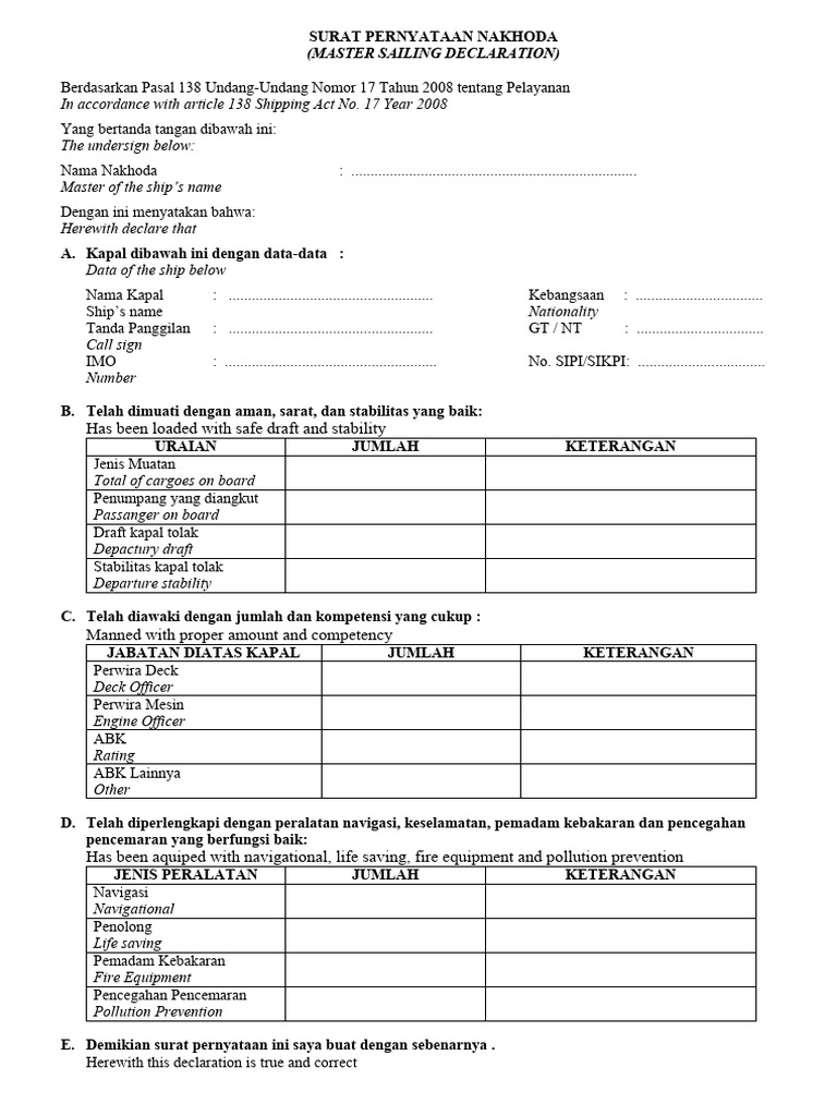 Surat Pernyataan Nakhoda Kapal | PDF | Teknologi & Rekayasa