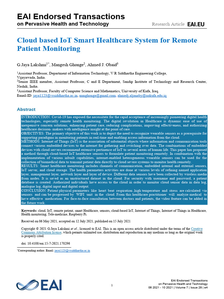 Eai Endorsed Transactions: Cloud Based Iot Smart Healthcare System For ...