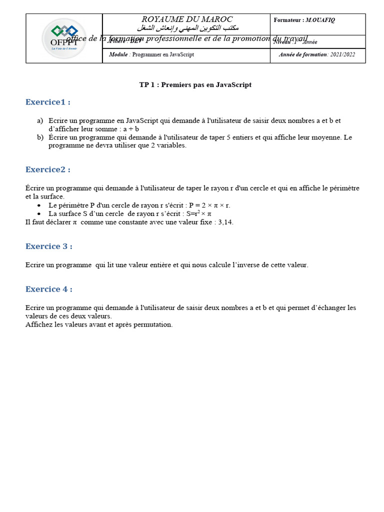 Exercices de programmation en JavaScript | PDF | Évolution de carrière ...