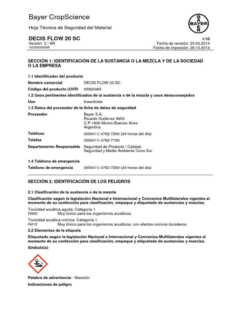 Hoja de Seguridad Decis Flow 20 SC | Descargar gratis PDF | Agua ...