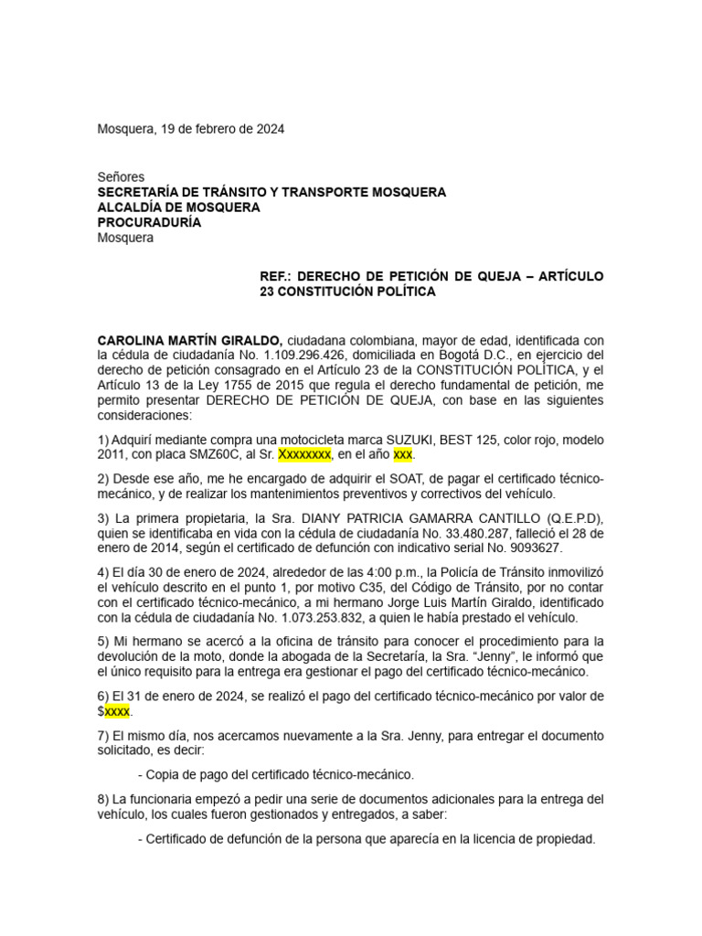 DERCHO DE PETICIÓN SECRETARÍA DE TRANSITO MOSQUERA | PDF | Documento de