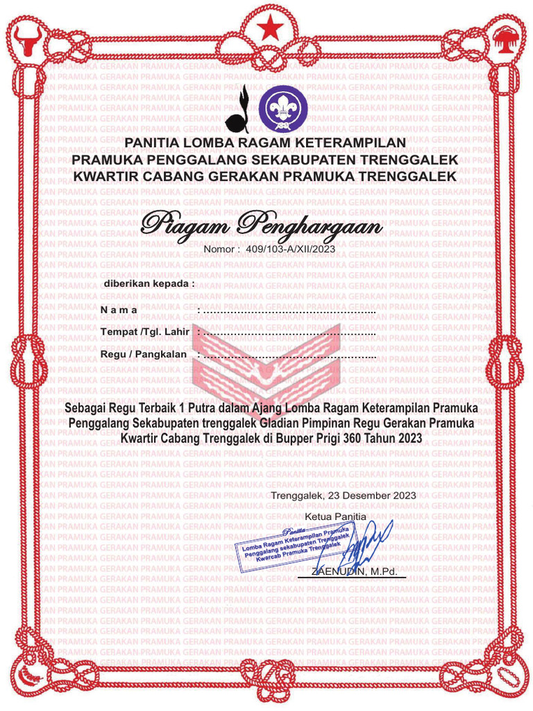 Piagam Lomba Keterampilan Pramuka 2023 | PDF