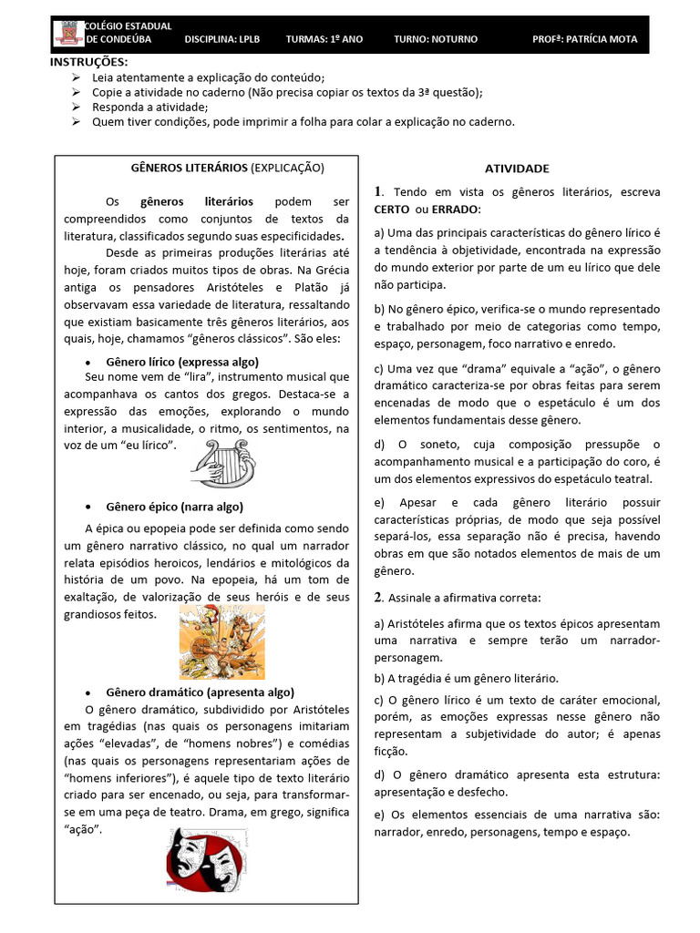 Atividades sobre Gêneros Literários | PDF
