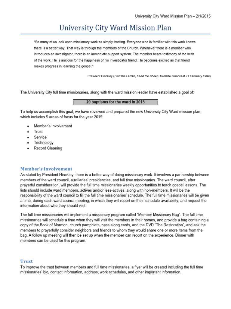 2015 Ward Mission Plan PDF The Church Of Jesus Christ Of Latter Day