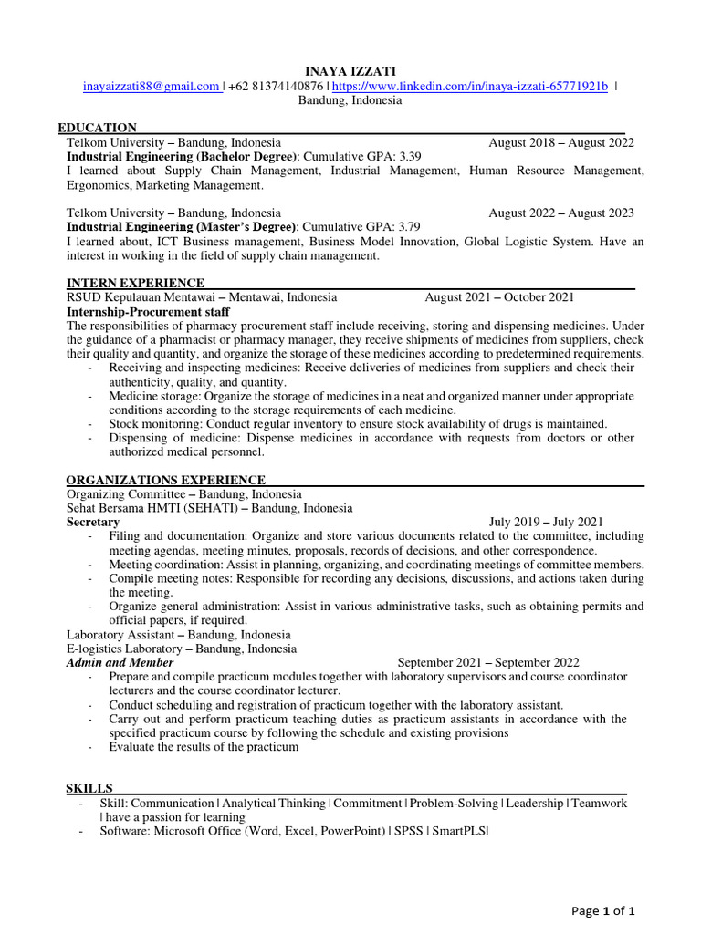 Inaya Izzati's Industrial Engineering CV | PDF | Pharmacy | Supply Chain
