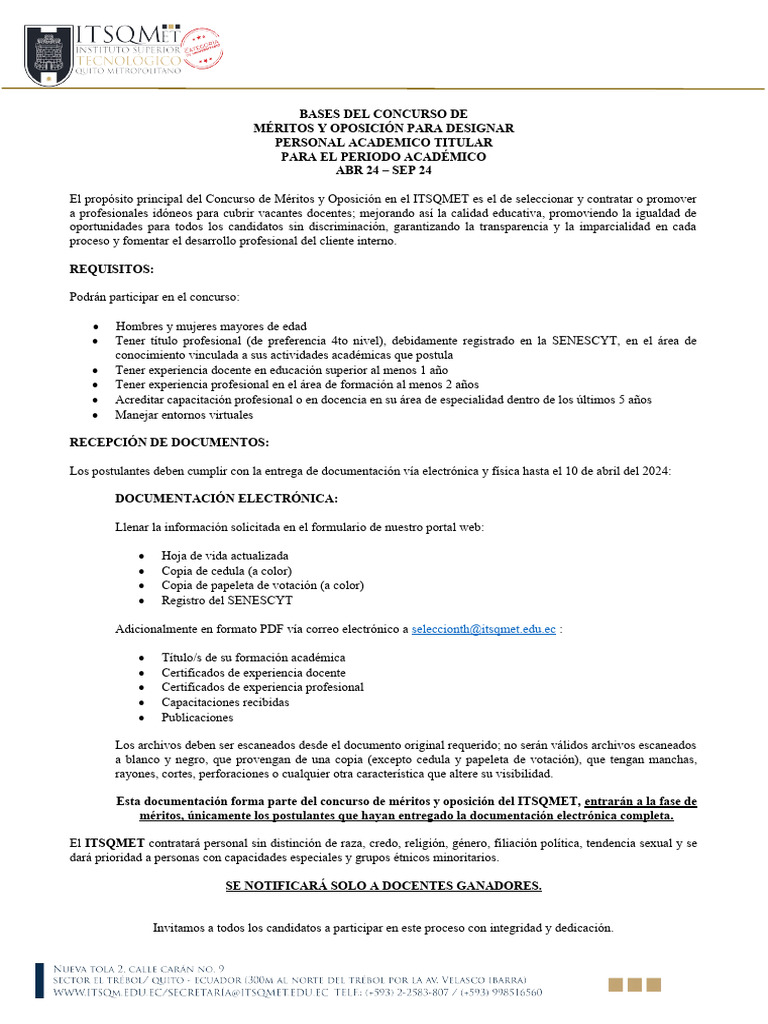 Concurso de Méritos para Docentes 2024 | PDF