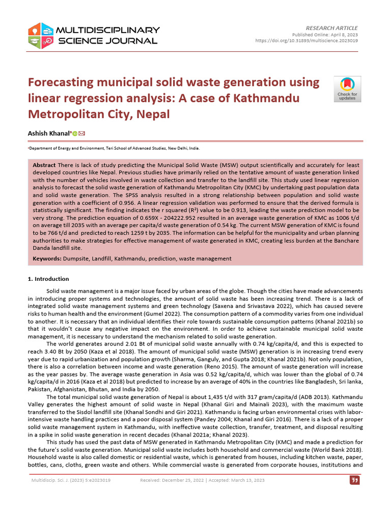 Forecasting Municipal Solid Waste Generation Using Pdf Waste