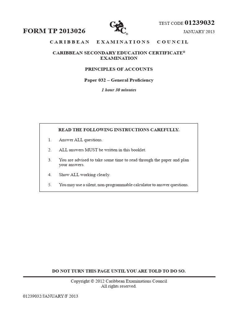 CSEC POA January 2013 P032 | PDF | Debits And Credits | Corporations