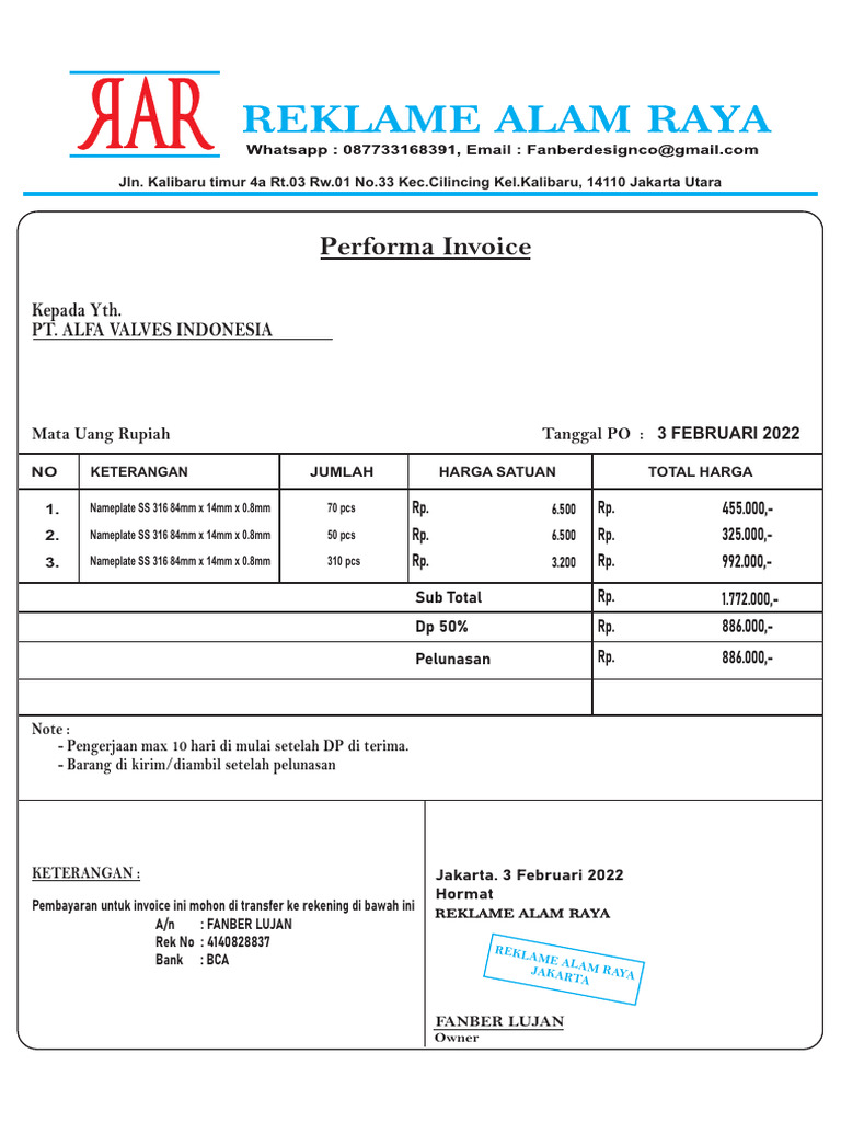 Invoice DP dan Pelunasan PT. Alfa Valves | PDF