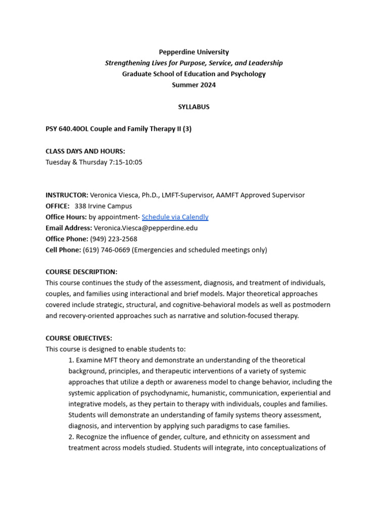 Psy 640ol Syllabus Su2024 T TH 7 15pm PDF Family Therapy