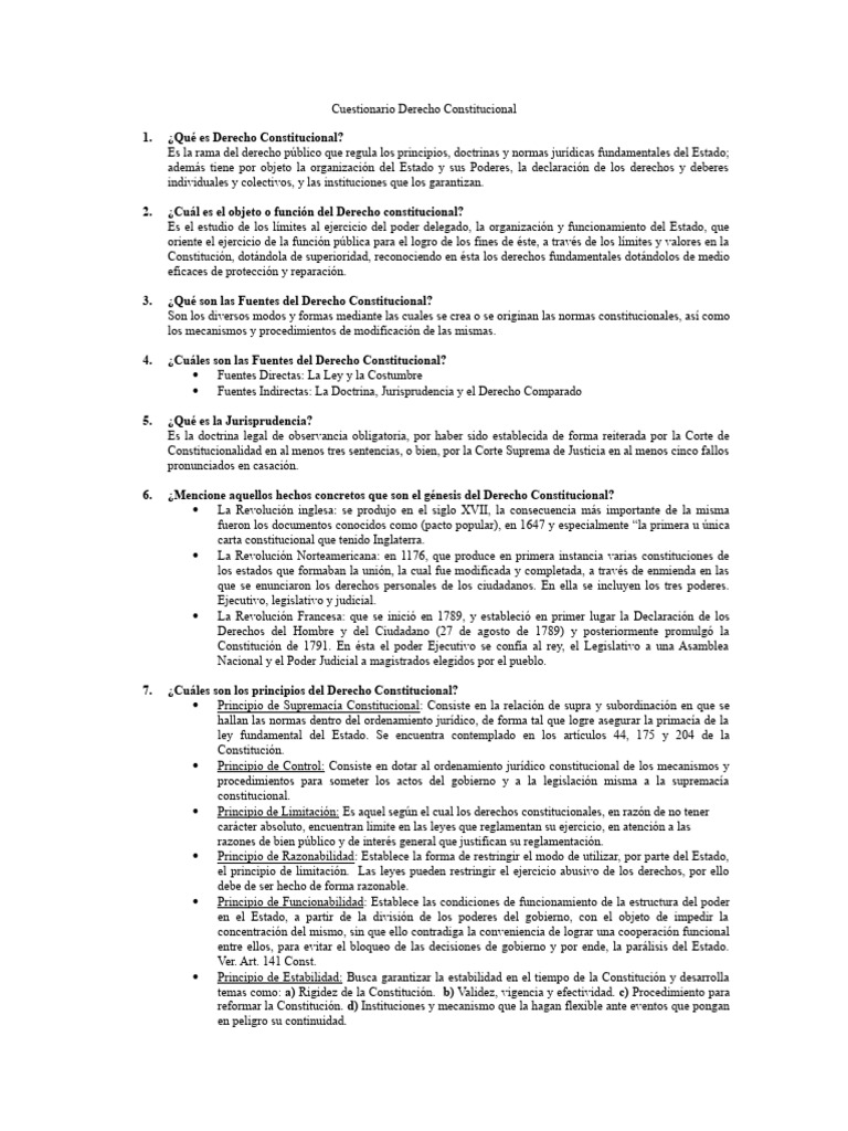 Cuestionario sobre Derecho Constitucional | PDF | Constitución | Ley ...