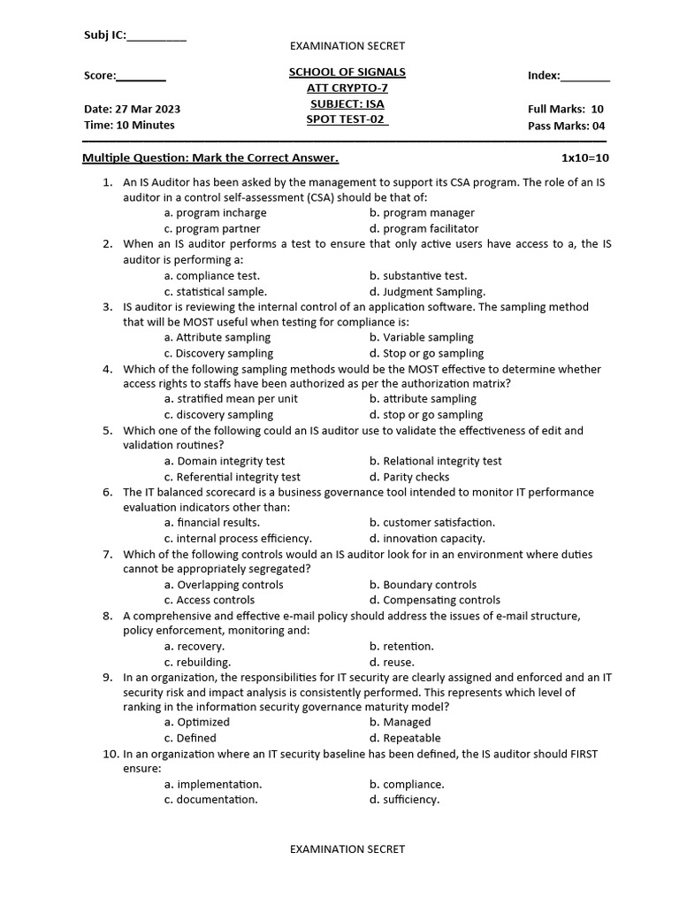 ISA Spot Test for IS Auditors | PDF | Sampling (Statistics) | Internal ...