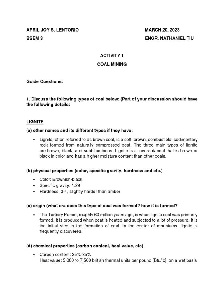 Activity 1 - Coal Mining - Lentorio | PDF | Bituminous Coal | Coal