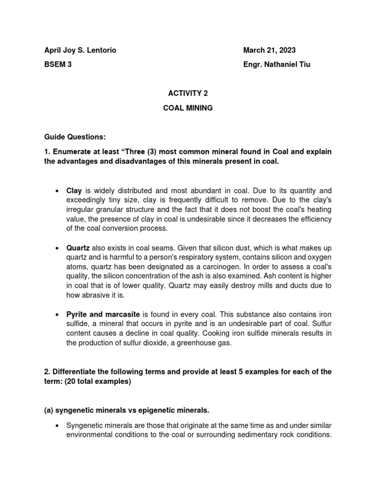 Activity 2 - Coal Mining - Lentorio | PDF | Minerals | Coal