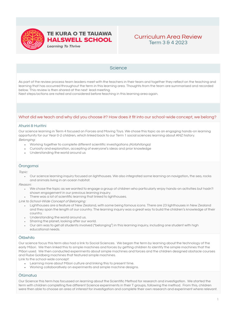 Science Curriculum Review T3 T4 2023 Pdf Science Learning