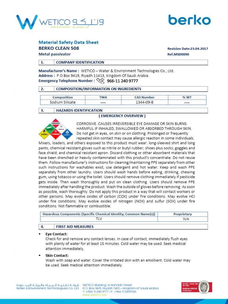 MSDS for Berko Clean 508 | PDF | Water | Personal Protective Equipment