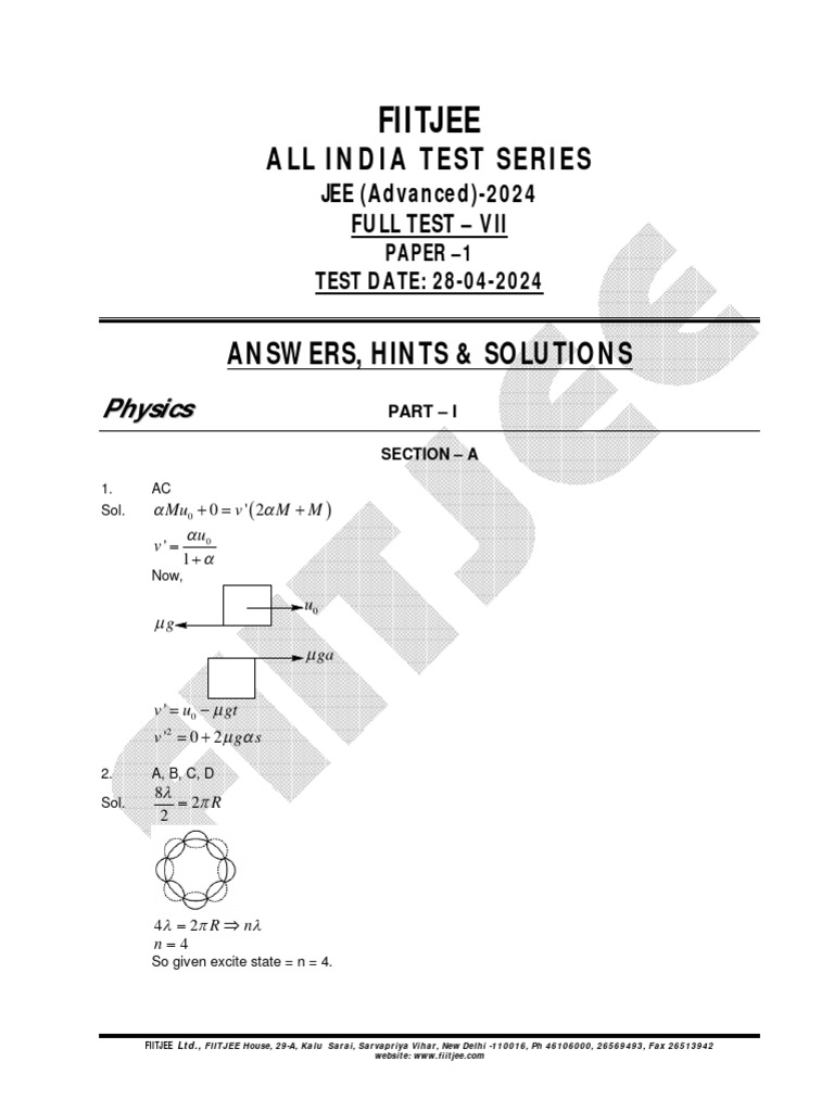 JEE Advanced 2024 Paper 1 Physics Solutions | PDF | Equations | Numbers