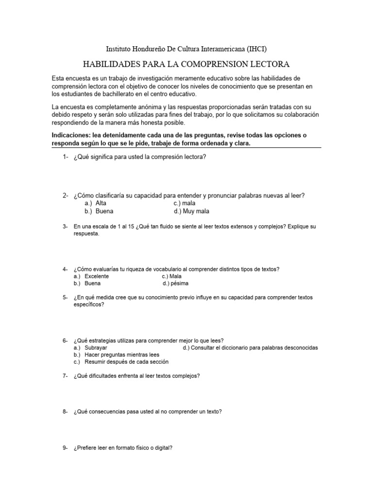 Encuesta Habilidades de Compren Lectora | PDF | Metodología de encuesta