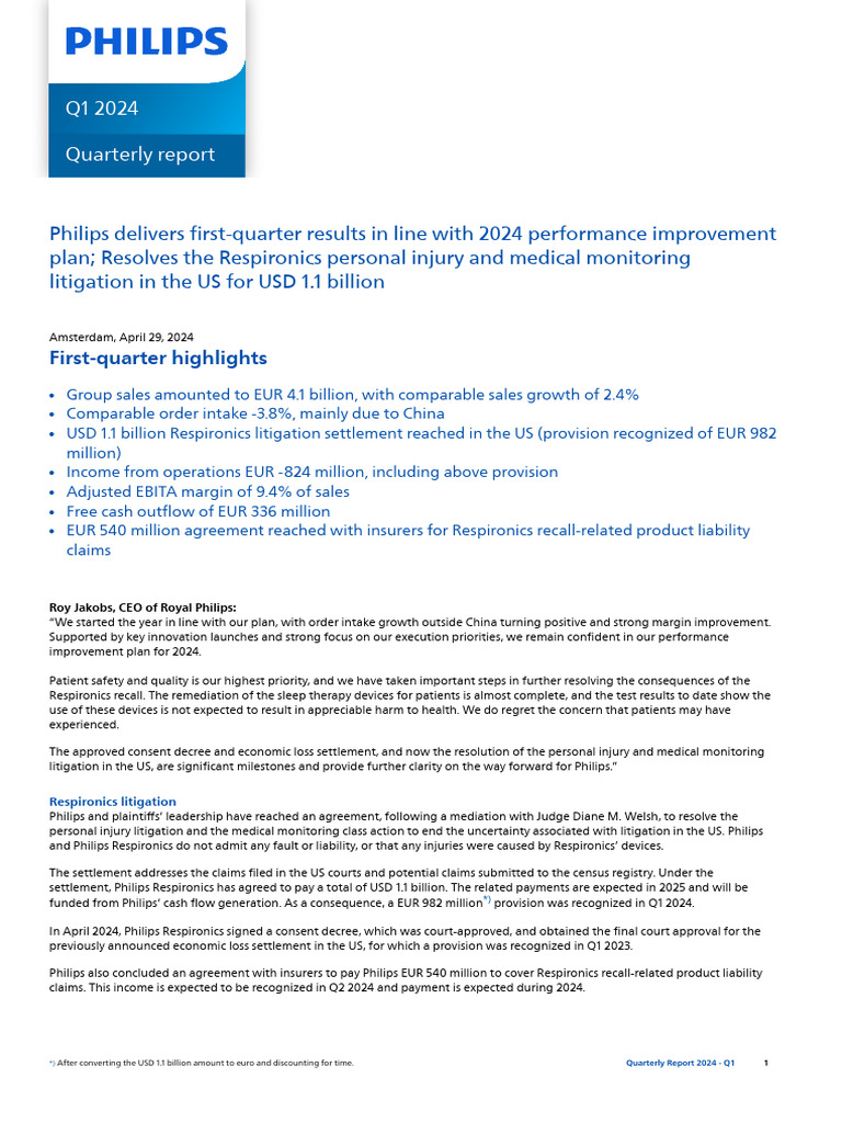 Philips Q1 2024 Financial Results | PDF | Equity (Finance) | Fixed Asset