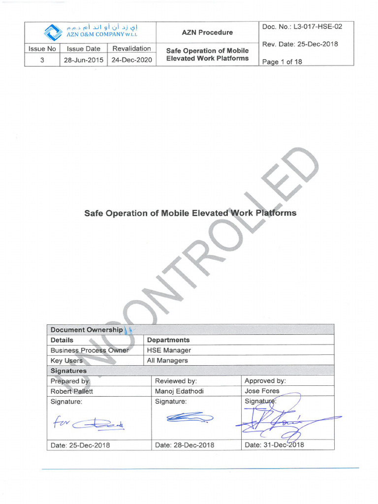 L3-017-HSE-02 Safe Operation of Mobile Elevated Work Platforms | PDF ...