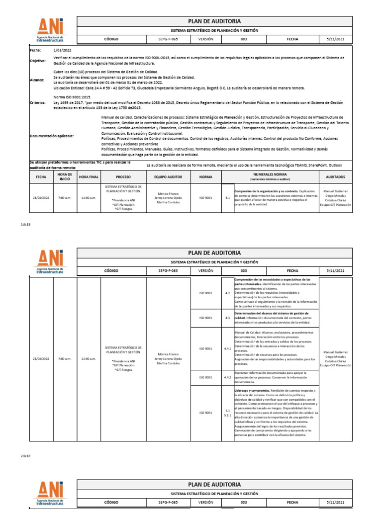 Plan de Auditoria Interna 2022 - SGC | PDF | Sistema de manejo de ...