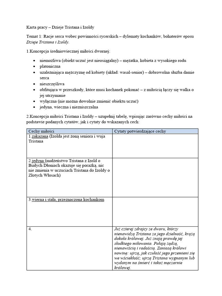 Dzieje Tristana I Izoldy Test Karta pracy-Dzieje Tristana i Izoldy | PDF