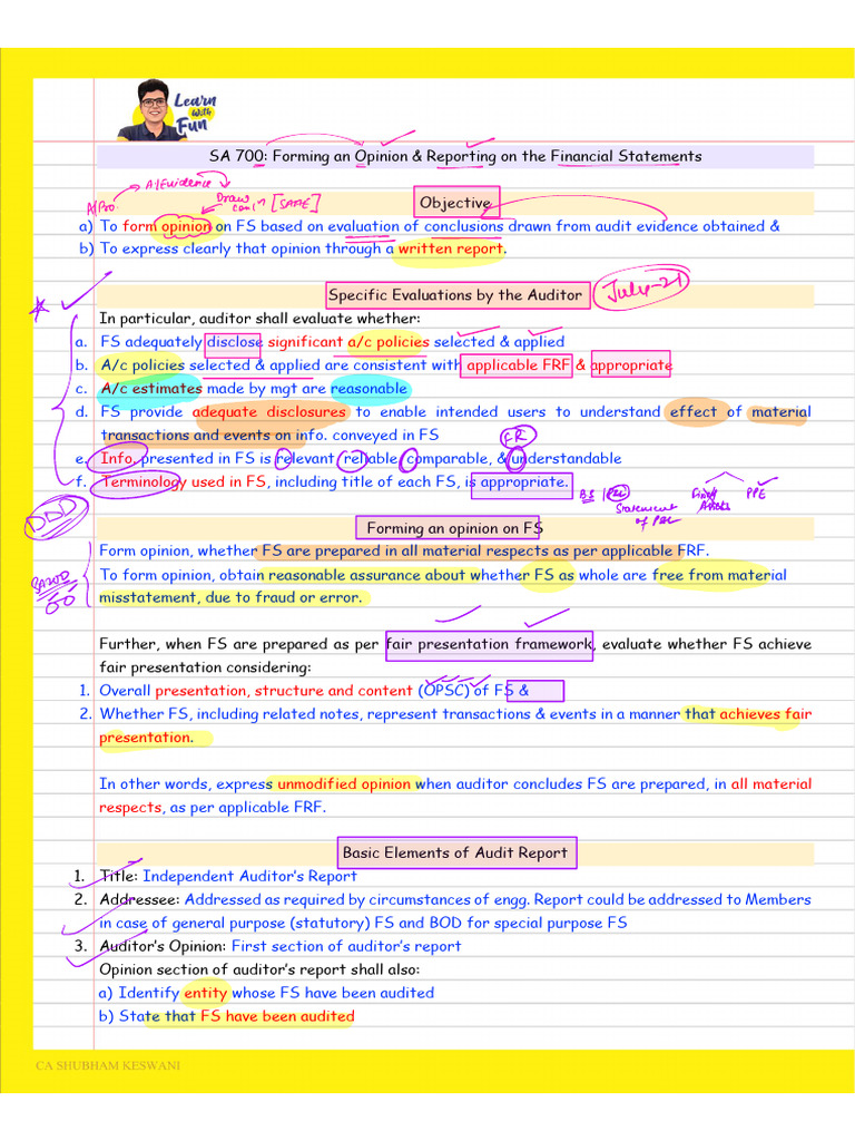SA 700: Audit Opinion & Reporting Guide | PDF | Auditor's Report | Audit