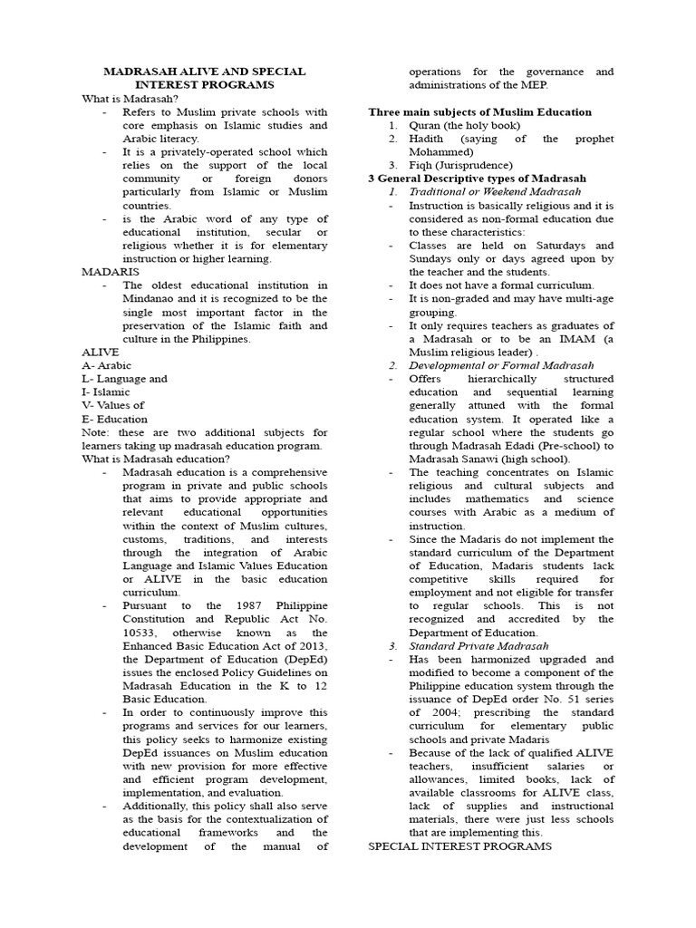 Madrasah Alive Education Overview | PDF | Schools | Curriculum