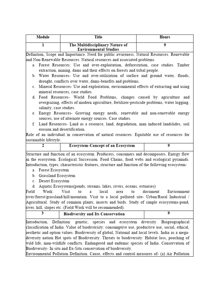 EVS 2nd Semester Syllabus Overview | PDF | Biodiversity | Conservation ...