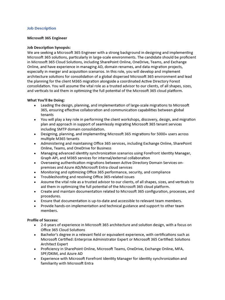 M 365 Engineer - JD | PDF | Cloud Computing | Share Point
