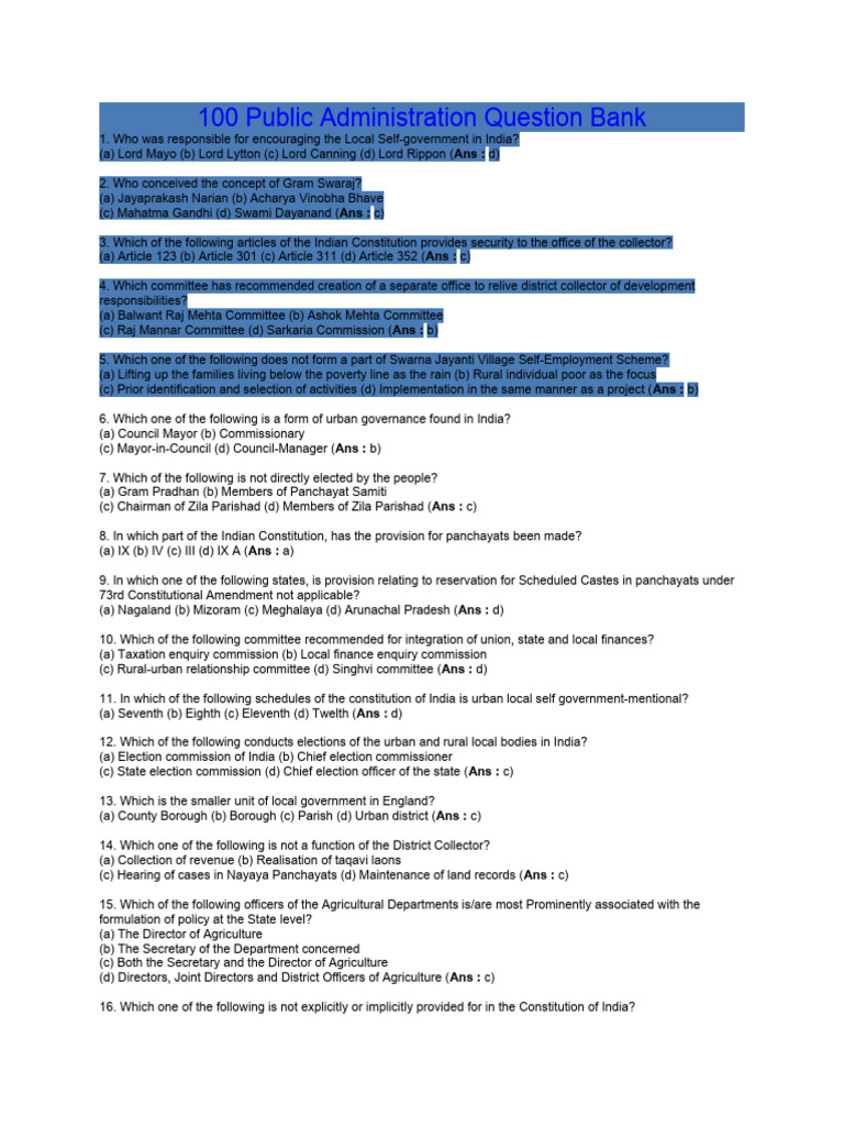 Public Administration Question Bank | PDF | Government Of India | Audit