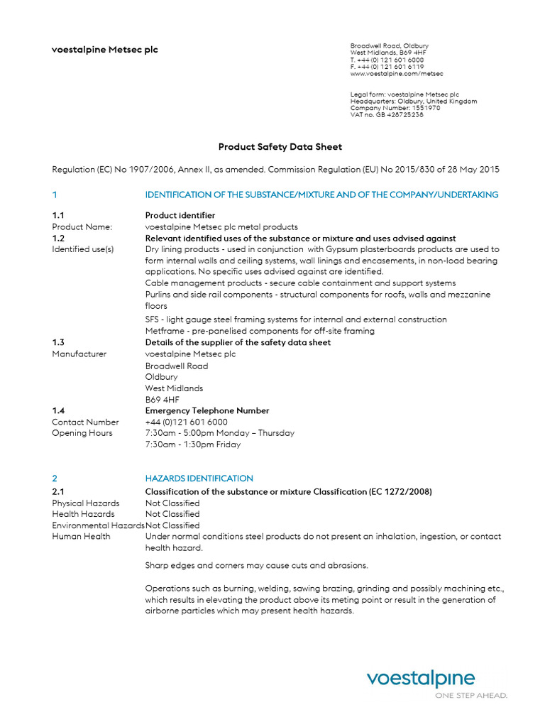 Voestalpine Metsec Metal Products Safety Data | PDF | Personal ...