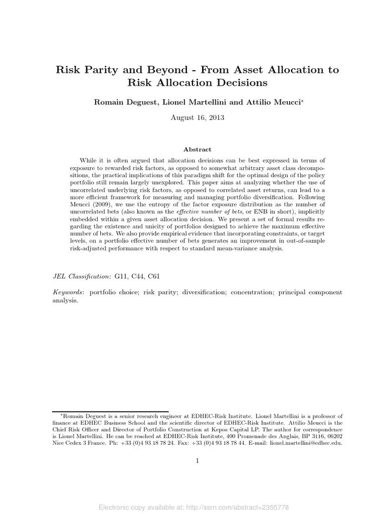 Risk Parity and Beyond From Asset Allocation To Risk Allocation ...